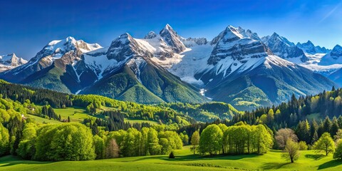 Mountain landscape with snow-capped peaks, lush greenery, and a clear blue sky , mountains, alpine, snow, nature, scenery