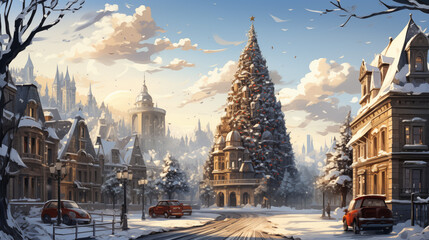 Obraz premium A Festive Christmas Tree Decorated In A Snowy Town Square With A Sunny Sky