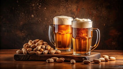 Retro beer mugs with frothy heads and peanuts on dark brown background, retro, beer, mugs, frothy, heads, peanuts, dark brown