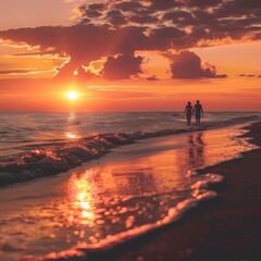 Fototapeta premium Couple Walking On The Beach At Sunset