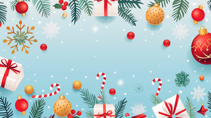 Festive Christmas Background with Ornaments, Candy Canes, Snowflakes, and Gift Boxes on a Light Blue Background