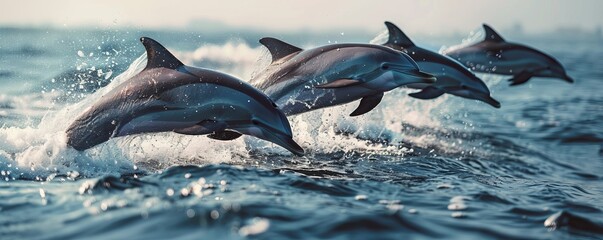 A playful group of dolphins leaping out of the water.