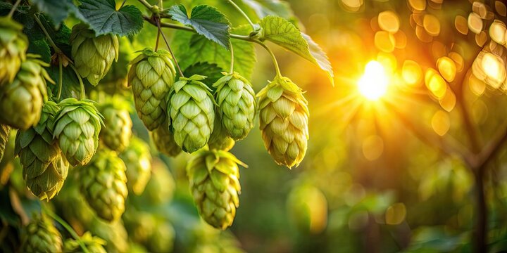 Green hops flowers with seed cones hanging from a tree in a plantation during golden hour , hops, green, flowers