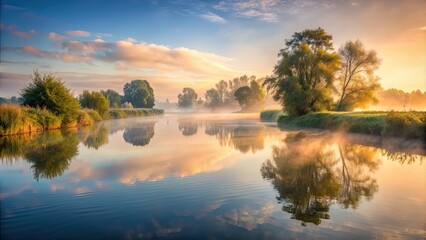 Misty morning on the river with a serene atmosphere, foggy, tranquil, water, reflection, nature, mist, serene, dawn