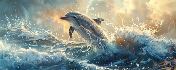 A playful dolphin leaping out of the ocean waves, its body glistening with water droplets, creating a splash of joy and exuberance.
