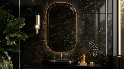 A smart mirror with integrated virtual assistant, against a luxurious black and gold background