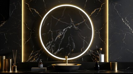 A smart mirror with integrated virtual assistant, against a luxurious black and gold background