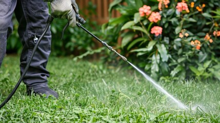 Worker applying pesticide on vibrant green lawn for effective pest control and pest prevention