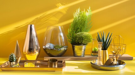 Bright yellow backdrop showcasing modern style glass terrariums, metallic candle holders, and stylish decorative trays