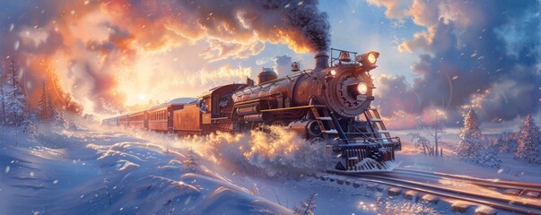 A steam locomotive chugging through a snow-covered winter landscape.