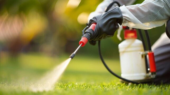 Worker applying pest control spray on lush green lawn for effective pest management - Powered by Adobe