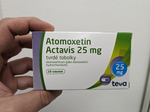 Prague, Czech Republic - July 10 2024: ATOMOXETIN ACTAVIS box of medication with ATOMOXETINE active substance by ACTAVIS, used for treatment of ADHD.