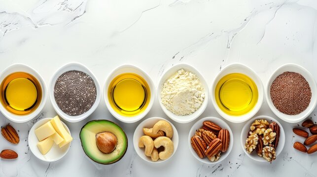 Assorted selection of healthy fats  avocado, nuts, seeds, olive oil, with space for customization