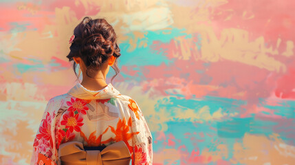 Fototapeta premium Wallpaper background of a woman in a summery yukata and a back view