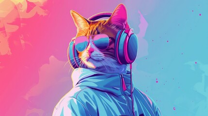 Colorful digital art of a cool cat wearing headphones and sunglasses, dressed in a hoodie, against a vibrant background.
