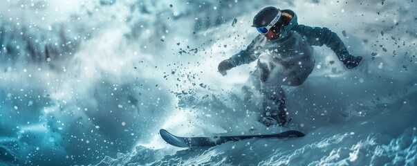 Naklejka premium A snowboarder executing a complex trick in mid-air, the snow spraying around them like a snowstorm.