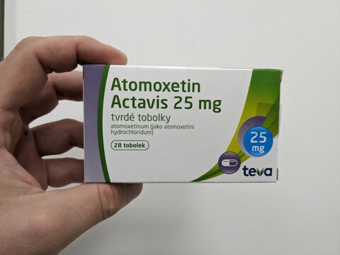 Prague, Czech Republic - July 10 2024: ATOMOXETIN ACTAVIS box of medication with ATOMOXETINE active substance by ACTAVIS, used for treatment of ADHD.