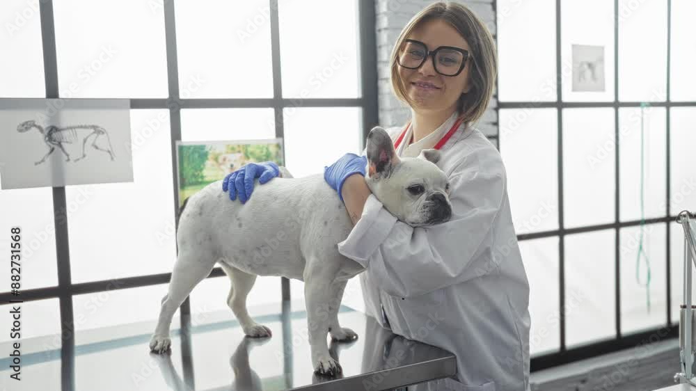 Poster a young female veterinarian wearing glasses and gloves lovingly examines a small white dog in a brig