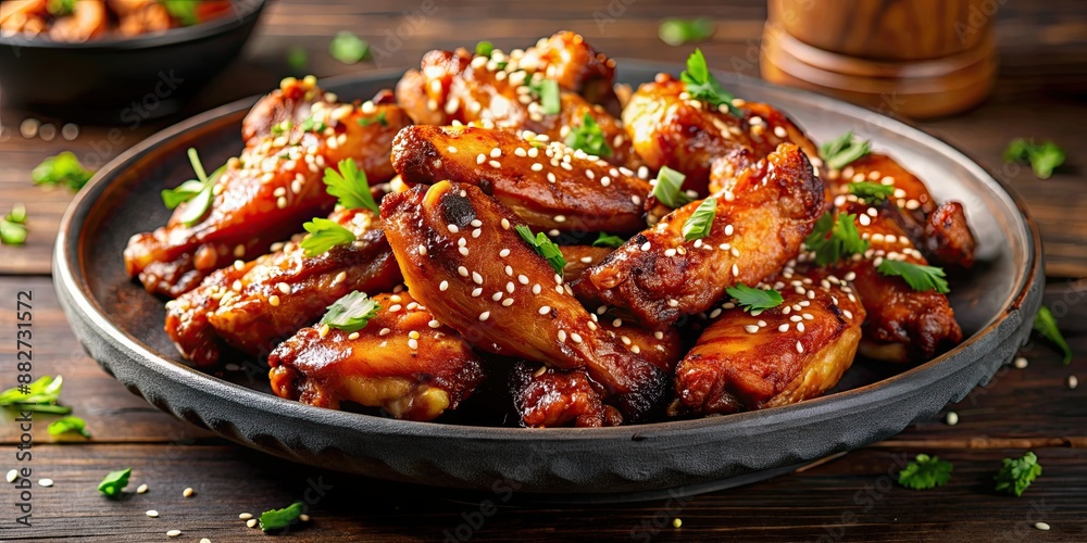 Sticker Mouthwatering Korean BBQ chicken wings with toasted sesame seeds , fried, chicken, wings, glazed, sticky, Korean BBQ