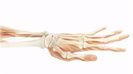 Detailed hand-drawn illustration of the human hand, showing bones, muscles, and tendons, watercolor style, on a white background