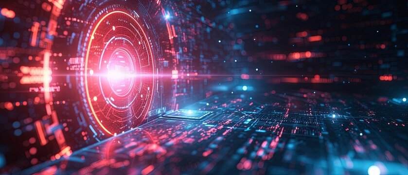 Binary code with light, space and technology elements. energy motion design, technology glowing digital swirl pattern futuristic backdrop banner background copy space
