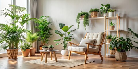 Fototapeta premium Cozy living room featuring a wooden chair and green plants , cozy, living room, wooden chair, plants
