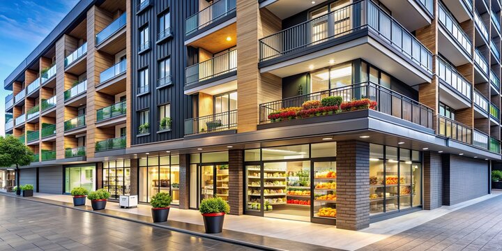 Modern apartment building with closed grocery store on ground floor , urban, residential, architecture, cityscape, facade