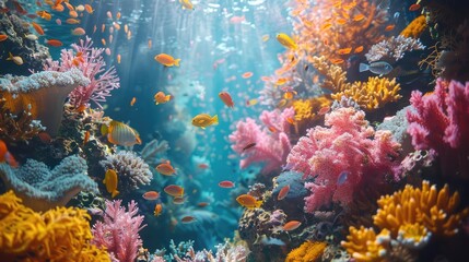 Colorful coral reef teeming with marine life, representing underwater biodiversity