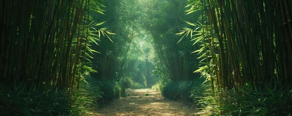 Obraz premium Dense bamboo forest with a narrow path, highlighting exotic and tranquil nature