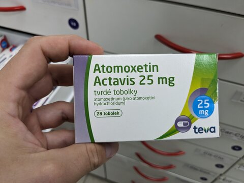 Prague, Czech Republic - July 10 2024: ATOMOXETIN ACTAVIS box of medication with ATOMOXETINE active substance by ACTAVIS, used for treatment of ADHD.
