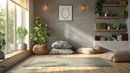 Home office with a meditation corner, yoga mat, and calming colors, emphasizing wellness and balance