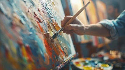 Close-Up of Hands Painting on Canvas for Creative and Leisure Activities