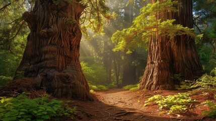 Obraz premium Majestic redwood trees towering in an ancient forest, highlighting grandeur and age