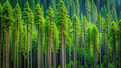 Naklejka premium Green pine trees standing tall in a lush forest , nature, landscape, trees, green, pine, forest, rainy day, serene