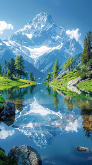 Fototapeta premium A majestic, towering mountain covered in snow reflects perfectly in the calm, crystal-clear lake below, with lush green hills and scattered trees adding to the serene scenery
