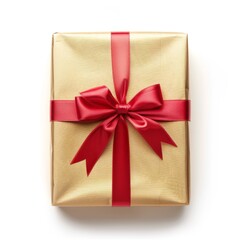 Elegant Red Ribbon and Bow with Golden Gift Box Isolated on White Background. Perfect for Anniversary, Holiday, and Birthday Gift Marketing Ads. High-Definition AI-Generated Design for Promotional Use