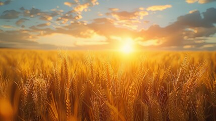 Obraz premium Golden yellow wheat field and bright sky in the morning