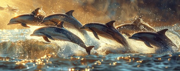 A pod of dolphins leaping out of the water, their bodies glistening in the sunlight, embodying joy, freedom, and the interconnectedness of life.