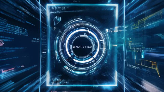 Futuristic digital interface with analytics data visualization.