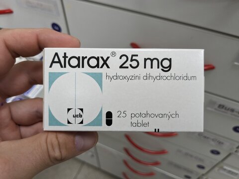 Prague,Czech Republic-August 7 2024: ATARAX box of medication with HYDROXYZINE active substance by UCB,used for treatment of anxiety,allergies

