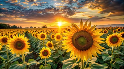 Fototapeta premium Field of sunflowers with setting sun in background, Sunflowers, field, sunset, sun, nature, yellow, bloom, flowers, agriculture