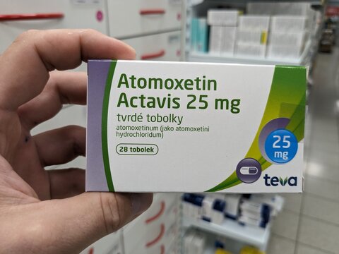 Prague, Czech Republic - July 10 2024: ATOMOXETIN ACTAVIS box of medication with ATOMOXETINE active substance by ACTAVIS, used for treatment of ADHD.