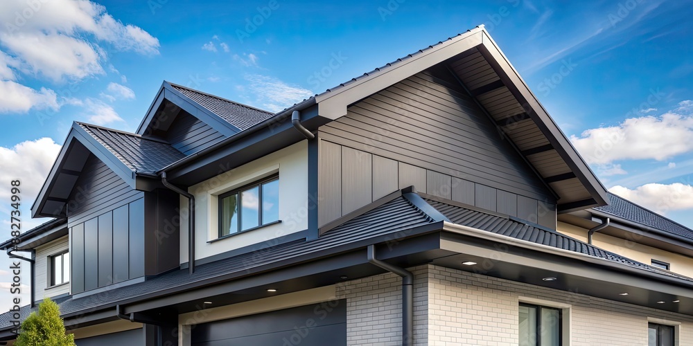 Sticker Newly constructed residential building with black painted eaves, residential, construction, site, new, black, painted, eaves