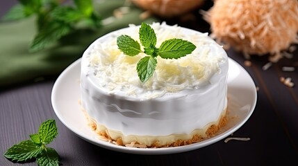 Top view of coconut cream pie garnished with mint leaves on white background with copy space
