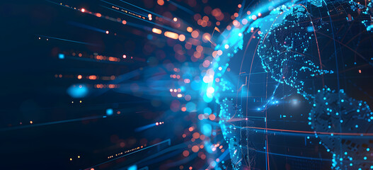 blue hologram globe with world map with glowing data streams, ai global communication networks, virtual reality simulations, geospatial data visualization, and interactive educational experience.
