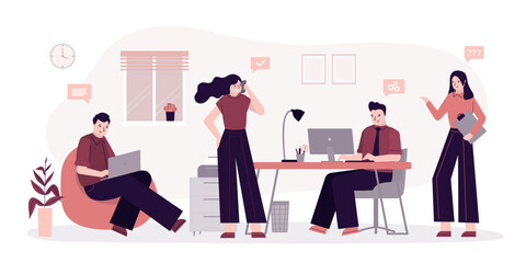 Colleagues communicate at workplace. Office staff working day. Workflow management. Teamwork, businesspeople spend time together.