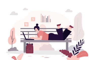 Freelancer, happy young woman lying and working on bench in park. Female character using laptop studying, business or network surfing. Girl student learning remotely.