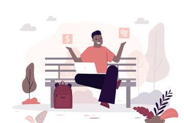 Freelancer, happy young man sitting and working on bench in park. Male character sitting with computer and using laptop studying or surfing network