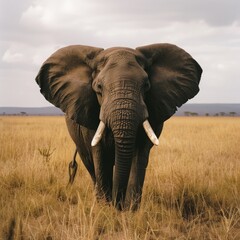 Naklejka premium African Elephant Walking Through Tall Grass in Savanna