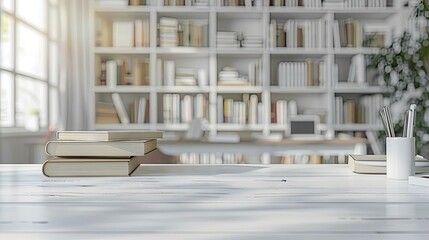 white table with books, stationery and copy space in blurred study room